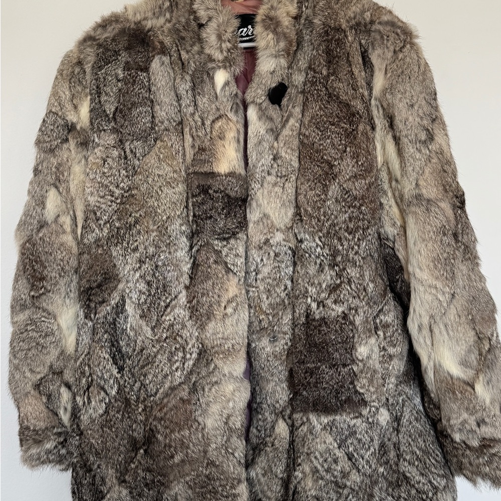 Gray and Brown Shaggy Fur Coat and Boxy Cut